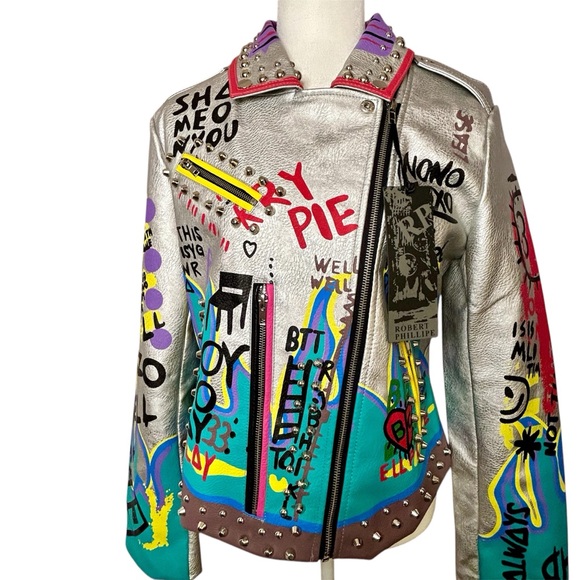 Robert Phillipe Graffiti Print Faux Leather Cropped Motorcycle Jacket Size M Stu - Picture 3 of 15